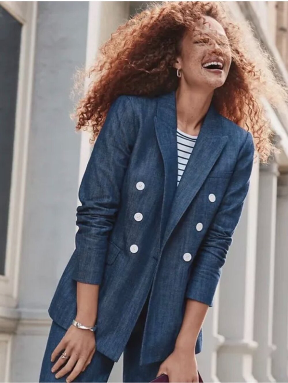 NWT LOFT Blue Faux Denim Double Breasted Blazer, Size 10